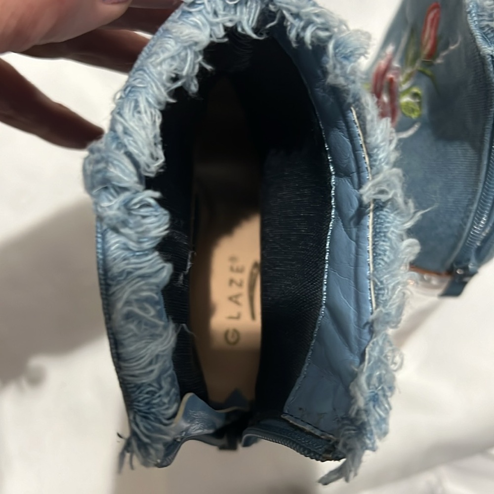 Glaze Denim Peep Toe Ankle Booties with Floral Embroidery & Clear Block Heel - Picture 9 of 12